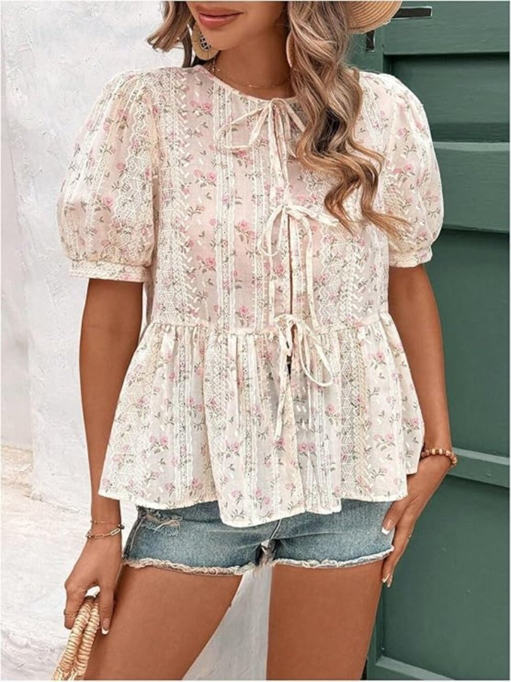 Women's Floral Tie Front Blouse Puff Short Sleeve Peplum Top size 2XL